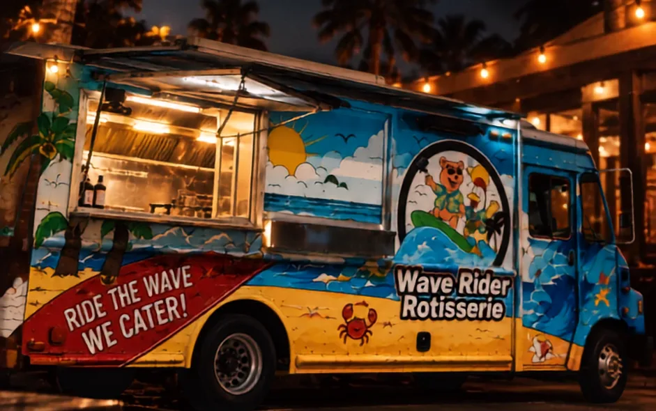 The Wave Rider Rotisserie food truck at night