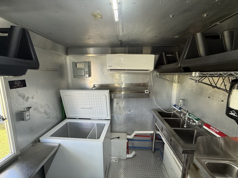 Food truck interior rear with sinks chest freezer and mini split AC