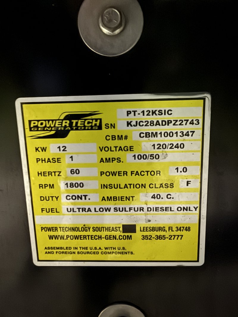 Powertech PT-12KSIC generator data plate