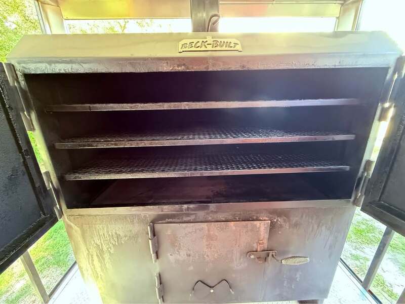 Beck Built Smoker on Porch of Food Trailer BBQ Smoker on BBQ Trailer for Sale in FL